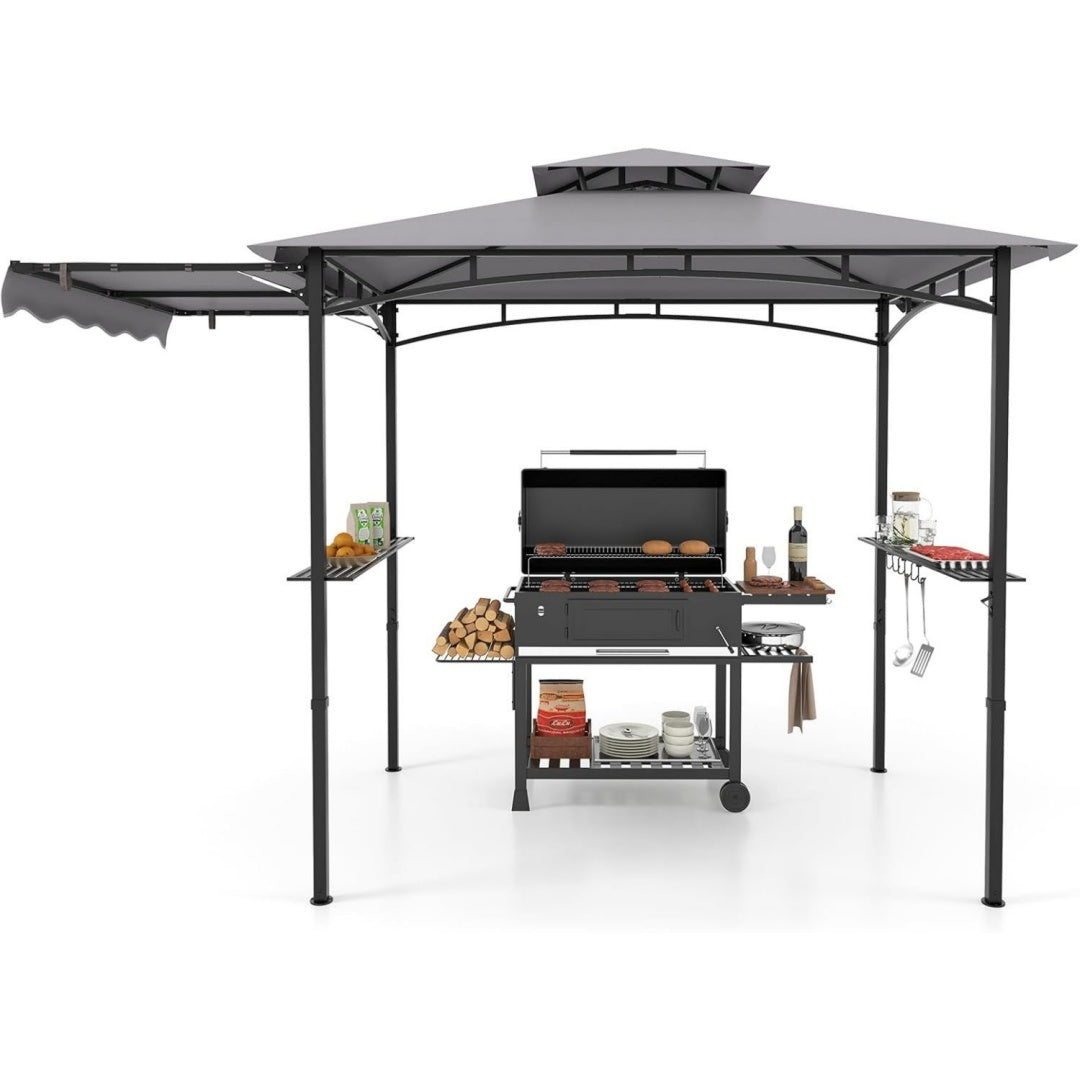 grillpavillon mit seitenmarkise doppeldach 2 seitenregalen haken gartenpavillon grill pavillon grillueberdachungen wetterfest grillunterstand garten partys 318x153x250 cm grau