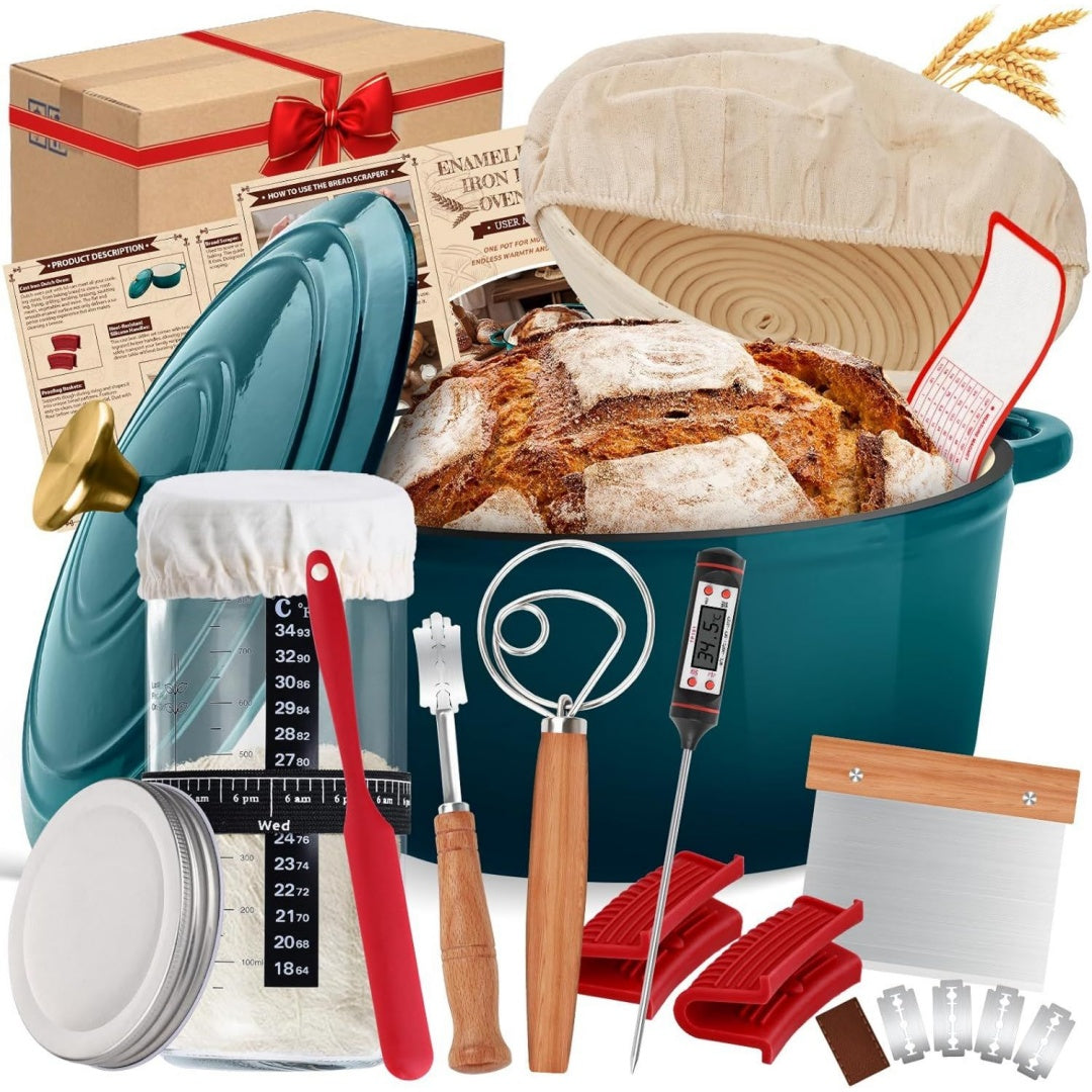 nzqxjxz gusseisen topf brot backen 26cm emaille schmortopf mit deckel brotbackform mit banneton brot gaerkorb sauerteig brotbacken zubehoer 2-in-1 brotbacktopf mit pfanne deckel kochen pan
