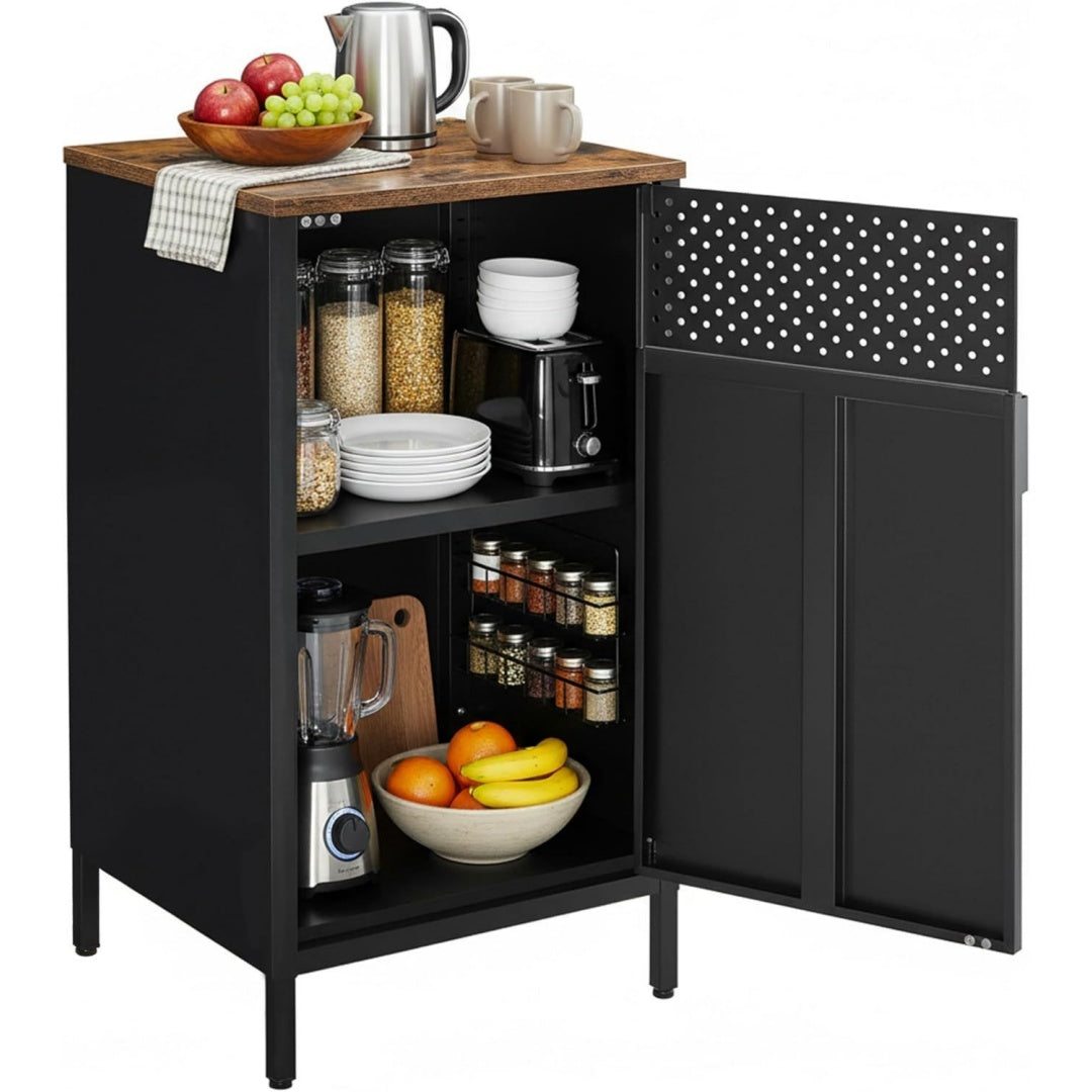aufbewahrungsschrank metallschrank verstellbare einlegeboeden sideboard schrank mit doppeltuer magnetverschluss stahlgestell mattschwarz-rustikales braun bravon kollektion lsc101b01