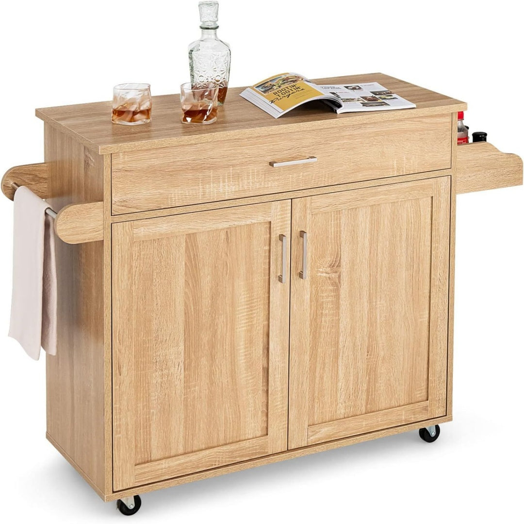kuechenwagen mit rollen servierwagen aus holz rollwagen mit schublade handtuchhalter gewuerzboard verstellbarer ablage kuecheninsel kueche kuecheninselwagen kuechenschrank natur